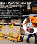 All In One Pallet Jack Wheels Kit For Most Hand Pallet Jacks, Includes 7x2 Steering Wheels, 3x3.75 Load Wheels in use.