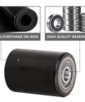 Image of a Heavy Duty Pallet Jack Wheel Replacement Set With Axles And Entry Exit Roller For Front Fork Wheels Fits Most Standard Pallet Jacks, Diameter 2.875 Inches, Width 3.75 Inches, 20mm ID Bearings, Easy Install. Shows polyurethane material and high-quality bearings.
