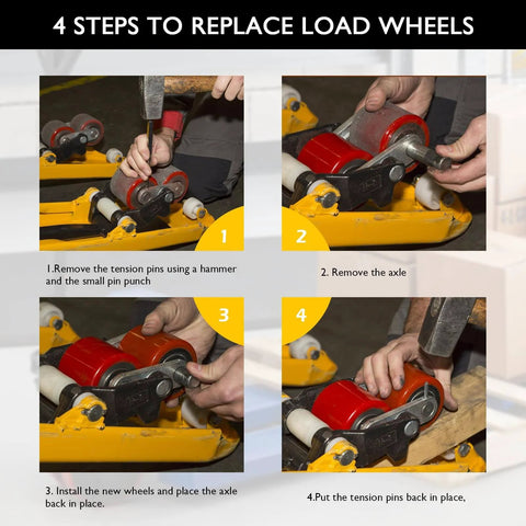 Step-by-step guide on replacing load wheels using All In One Pallet Jack Wheels Kit For Most Hand Pallet Jacks, Includes 7x2 Steering Wheels, 3x3.75 Load Wheels, Entry And Exit Rollers, Axles With Pins, Fasteners, Tools And Hardware, Red Polyurethane Replacement Set For Easy Upgrades.
