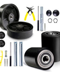Pallet jack full wheel replacement set black, includes 7 x 2 inch steering wheels pair with back axle, 3 x 3.75 inch load wheels pair.