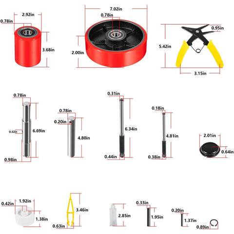 Pallet Jack Wheels Set for most manual pallet jacks, complete replacement kit parts and dimensions, red wheels, axles, bearings shown.
