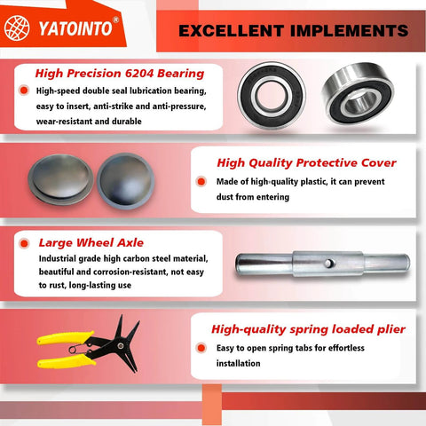 High precision 6204 bearings, protective covers, large wheel axle, and spring-loaded plier included in 2 pcs pallet jack steer wheel set.
