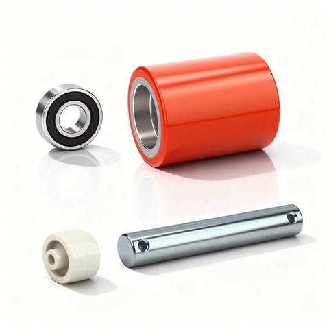 Pallet Jack Steering Wheels Set with axle and front load rollers, includes 3 x 3.75 inch load wheel pair with bearings, polyurethane wheels