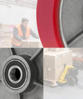 Pallet jack full wheel set assembled with steer and load wheels, black polyurethane tread on steel, 20mm ID bearings, displayed in warehouse.