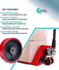 Pallet Jack Steering Wheels Set With Axle, Fasteners And Protective Caps, Four Pieces, 7x2 Inches, 20mm ID Poly Tread Red Bearings