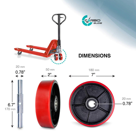Pallet Jack Steering Wheels Set With Axle, Fasteners And Protective Caps, Four Pieces, 7x2 Inches, 20mm ID Poly Tread Red Bearings