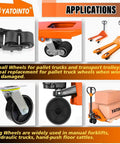 Applications of pallet jack full wheel set with axles, 7 x 2 inch steer wheels, 3 x 3.75 inch load wheels, pictured on forklifts and carts