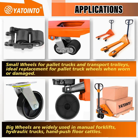 Applications of pallet jack full wheel set with axles, 7 x 2 inch steer wheels, 3 x 3.75 inch load wheels, pictured on forklifts and carts