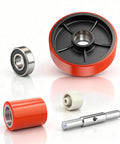 Pallet Jack Steering Wheels Set With Axle And Front Load Rollers For Most Hand Pallet Jacks Seven By Two Inch Pair And Three By Three Point Seven Five Inch Pair With Bearings Gasher Upgrade For Quiet Smooth Gliding And Lower Operator Fatigue. Includes bearings, axle, load rollers.