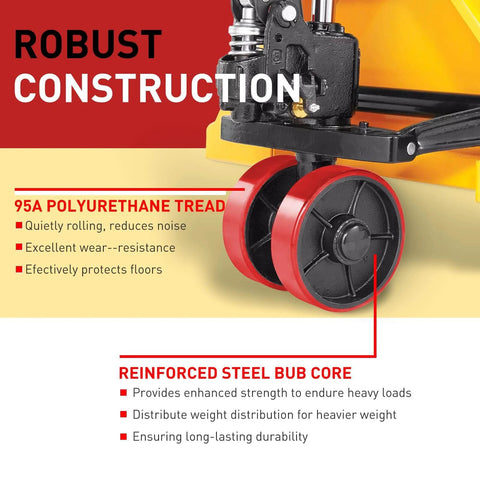 Pallet Jack Wheels Set for most manual pallet jacks, complete replacement kit shown with red polyurethane tread on 7x2 inch steer wheels, emphasizing robust construction and steel core.