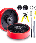 Pallet Jack Steering Wheels Set With Axle, Fasteners And Protective Caps, Four Pieces, 7x2 Inches, 20mm ID Poly Tread Red Bearings, Tool Kit Included, Non Marking For Smooth Shop Floors.