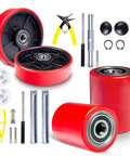 Pallet jack truck full wheel set red with axles, steering wheels 7 x 2 inch pair, front load rollers 3 x 3.75 inch pair, tools included