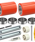 Pallet Jack Steering Wheels Set with axle and front load rollers, includes 3 x 3.75 inch load wheel pair with bearings, polyurethane wheels