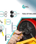 Pallet Jack Steering Wheels Set With Axle, Fasteners And Protective Caps, Four Pieces, 7x2 Inches, 20mm ID Poly Tread Red Bearings, Tool Kit Included, Non Marking For Smooth Shop Floors