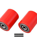 Pallet jack front load wheels pair 3 x 3.75 inch with PU tread, pre installed 20mm ID bearings and pins shown in red