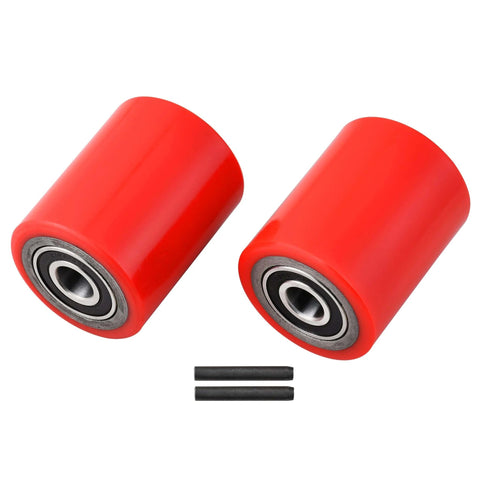 Pallet jack front load wheels pair 3 x 3.75 inch with PU tread, pre installed 20mm ID bearings and pins shown in red