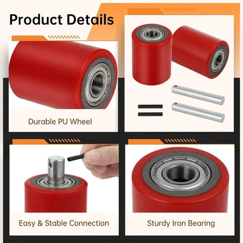 Detailed view of 1 Pair Pallet Jack Load Wheels 3 x 3.75 inch with 20mm bearings, showing polyurethane surfaces and iron bearings.