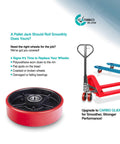 Image showing a red pallet jack with Carbo Glide non-marking wheels, highlighting need for maintenance and upgrade, warehouse setting.