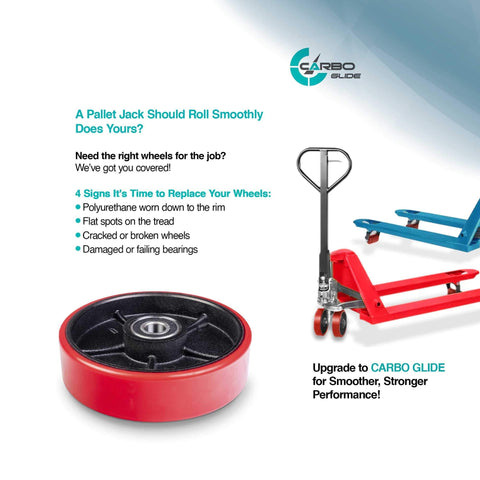 Image showing a red pallet jack with Carbo Glide non-marking wheels, highlighting need for maintenance and upgrade, warehouse setting.