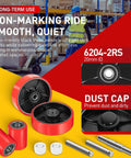 Pallet Jack Wheels Set for most manual pallet jacks, complete replacement kit with red polyurethane tread, axles, and bearings.