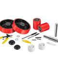 Pallet Jack Wheels Set for most manual pallet jacks, complete replacement kit with axles, red polyurethane wheels, and tools