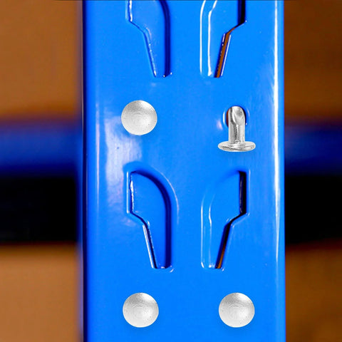 Close-up of blue pallet rack with Pallet Rack Drop Pins 100 Pcs M5x5mm J Bolt Safety Clips Cross Beam Lock Pins For Warehouse And Home installed