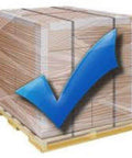 Wrapped pallet of boxes secured by extended length stretch film with a blue checkmark, indicating secure packaging using pallet wrapper.