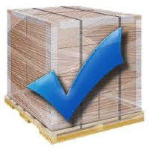 Wrapped pallet of boxes secured by extended length stretch film with a blue checkmark, indicating secure packaging using pallet wrapper.