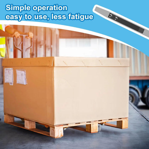 Warehouse worker using Efficient 54 Inch Pallet Strap Feeder Stick Guide MorningRo 2 Pack for quick strapping on a pallet