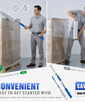 Long Handle Pallet Stretch Wrap Dispenser Kit For 12 To 20 Inch Film Widths With 1.5 To 3 Inch Roll Diameter Includes Roller Gloves And Cut Off Knife 3X Faster Pallet Wrapping For Warehouse Logistics And Factory Shipping shown in use wrapping pallets.