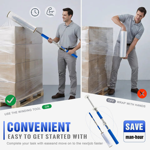 Long Handle Pallet Stretch Wrap Dispenser Kit For 12 To 20 Inch Film Widths With 1.5 To 3 Inch Roll Diameter Includes Roller Gloves And Cut Off Knife 3X Faster Pallet Wrapping For Warehouse Logistics And Factory Shipping shown in use wrapping pallets.