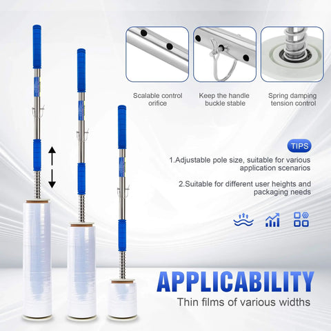 Long Handle Pallet Stretch Wrap Dispenser Kit For 12 To 20 Inch Film Widths With 1.5 To 3 Inch Roll Diameter Includes Roller Gloves And Cut Off Knife 3X Faster Pallet Wrapping For Warehouse Logistics And Factory Shipping