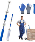 Long Handle Pallet Stretch Wrap Dispenser Kit For 12 To 20 Inch Film Widths With 1.5 To 3 Inch Roll Diameter Includes Roller, Gloves, Knife, and Man with Wrapped Pallet