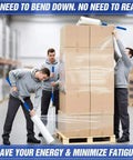 Long Handle Pallet Stretch Wrap Dispenser Kit For 12 To 20 Inch Film Widths With 1.5 To 3 Inch Roll Diameter Includes Roller Gloves And Cut Off Knife 3X Faster Pallet Wrapping For Warehouse Logistics And Factory Shipping being used by workers wrapping boxes on pallets