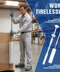 Man using Long Handle Pallet Stretch Wrap Dispenser Kit For 12 To 20 Inch Film Widths With 1.5 To 3 Inch Roll Diameter Includes Roller Gloves And Cut Off Knife 3X Faster Pallet Wrapping For Warehouse Logistics And Factory Shipping on a pallet in a warehouse.