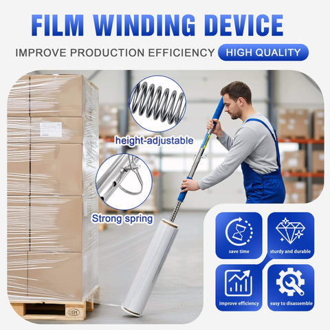 Long Handle Pallet Stretch Wrap Dispenser Kit For 12 To 20 Inch Film Widths With 1.5 To 3 Inch Roll Diameter in use