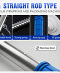Long Handle Pallet Stretch Wrap Dispenser Kit For 12 To 20 Inch Film Widths With 1.5 To 3 Inch Roll Diameter Includes Roller Gloves And Cut Off Knife 3X Faster Pallet Wrapping For Warehouse Logistics And Factory Shipping, showing stainless steel rod, adjustable hook, strong spring, anti-slip grip.