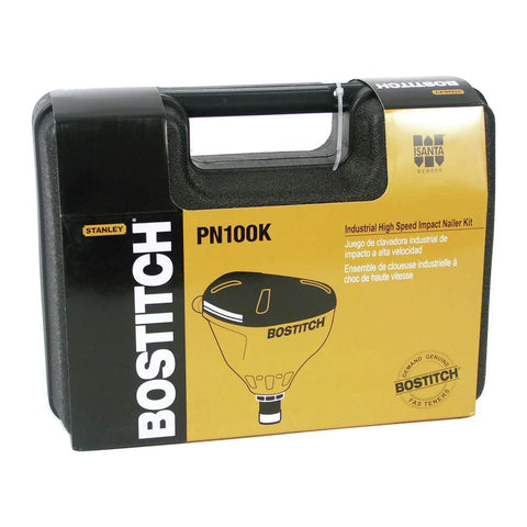 Compact palm nailer kit case with branding, includes PN100K model details and image of nailer for precise fastening in tight spaces.