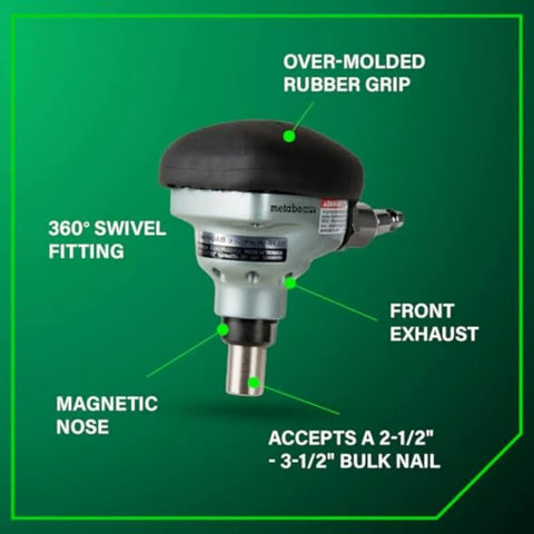 Workhorse Pro Preferred Palm Nailer With Magnetic Nose for precise fastening, shown with 360-degree swivel fitting and rubber grip.