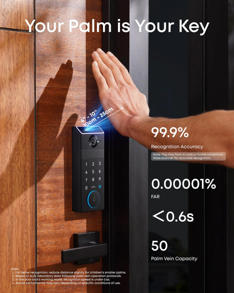 Palm vein recognition delivers true keyless entry with a 3-in-1 Wi-Fi keypad deadbolt, 2K HDR camera, and built-in doorbell for front doors.