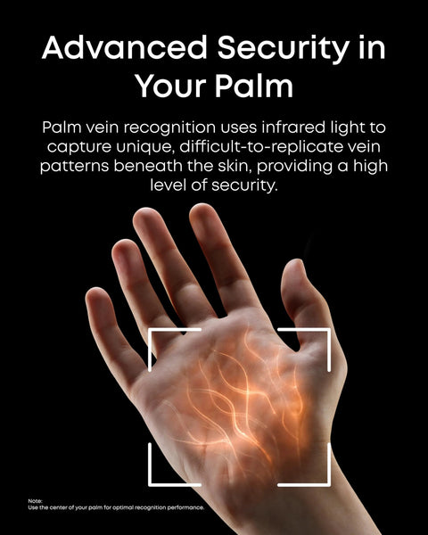 Palm vein recognition delivers true keyless entry with a 3-in-1 Wi-Fi keypad deadbolt in hand showcasing security features.