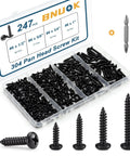 247 Piece Pan Head Wood Screws Set Black Oxide Stainless Steel 304 in organizer; #6 and #8 sizes with a Phillips drive bit