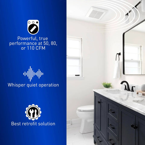 WhisperFit Retrofit Ceiling Mount Bathroom Exhaust Fan With DC ECM Motor, Energy Star, installed in a modern bathroom.