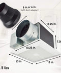 On-Demand Pick-A-Flow Ceiling Mount Exhaust Fan With 110 130 150 CFM, Customizable Airflow Selector For Bathrooms, Laundry Rooms, Sun Rooms, Basements Or Garages, Supports Up To 3 Add-On Modules, FV-1115VK3 Panasonic, shown with dimensions and duct adapter