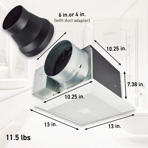 On-Demand Pick-A-Flow Ceiling Mount Exhaust Fan With 110 130 150 CFM, Customizable Airflow Selector For Bathrooms, Laundry Rooms, Sun Rooms, Basements Or Garages, Supports Up To 3 Add-On Modules, FV-1115VK3 Panasonic, shown with dimensions and duct adapter