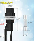 Dimensions of Panel Mount Fuse Holder For 5x20mm Fuses With Pre Soldered Wires, showing measurements and fast blow glass tube.