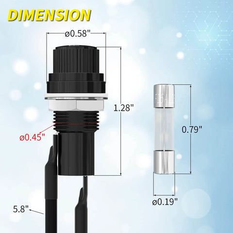 Dimensions of Panel Mount Fuse Holder For 5x20mm Fuses With Pre Soldered Wires, showing measurements and fast blow glass tube.