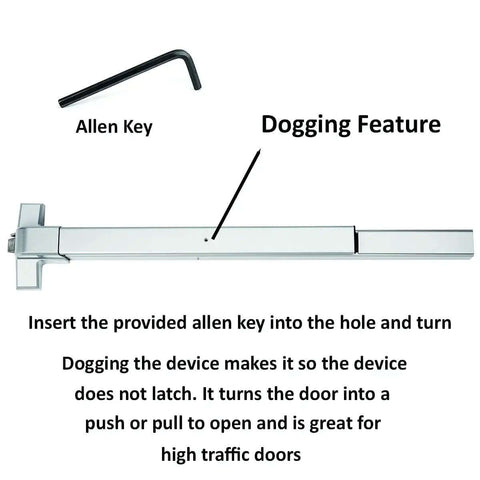 Push Bar Panic Exit Device For Emergency Doors 31 Inch Length With Aluminum Finish shown with dogging feature and allen key