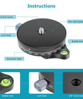 Panoramic Panning Base With Style Plate showing 1/4 inch screw, lock knob, bubble level for tripods and monopods with 3/8 inch socket.