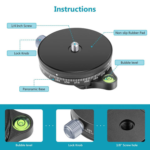 Panoramic Panning Base With Style Plate showing 1/4 inch screw, lock knob, bubble level for tripods and monopods with 3/8 inch socket.